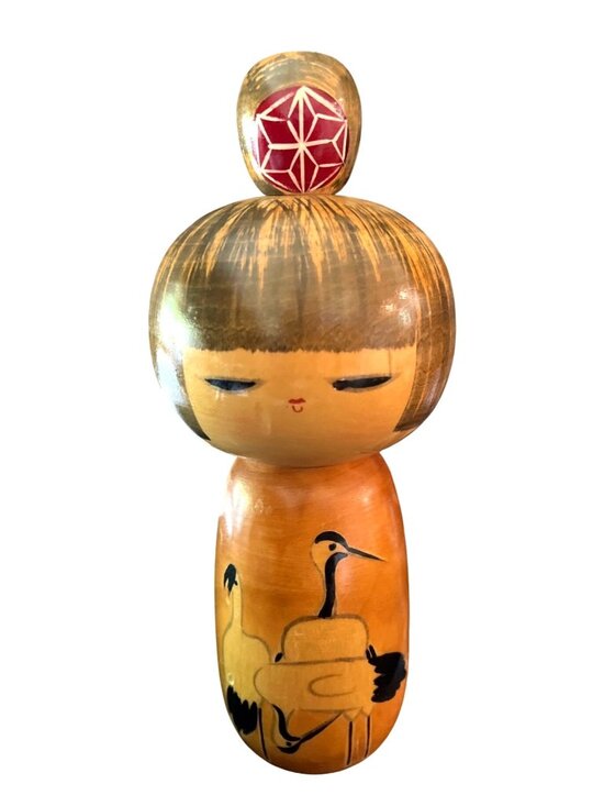 Unknown Other - Vtg Japanese Sosaku Kokeshi Doll Crane Motif Chonmage Topknot - 9" Tall